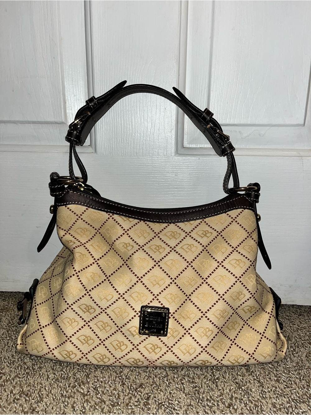 Dooney & Bourke Beige and Brown Signature Print Shoulder Bag